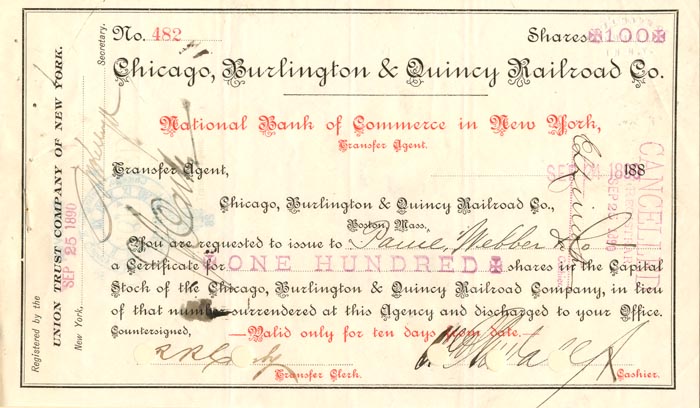 Chicago, Burlington and Quincy Railroad Co. - Stock Certificate